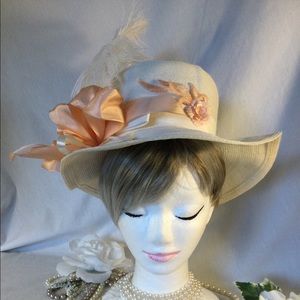 Straw Ivory Fedora w Gorgeous Peach Bow & Ostrich Feathers Glam!